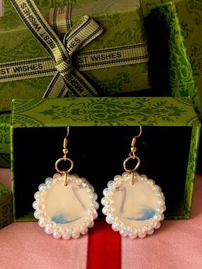 Handmade “Kissing Swans” White Swan Drop Earrings with Iridescent Bead Trim